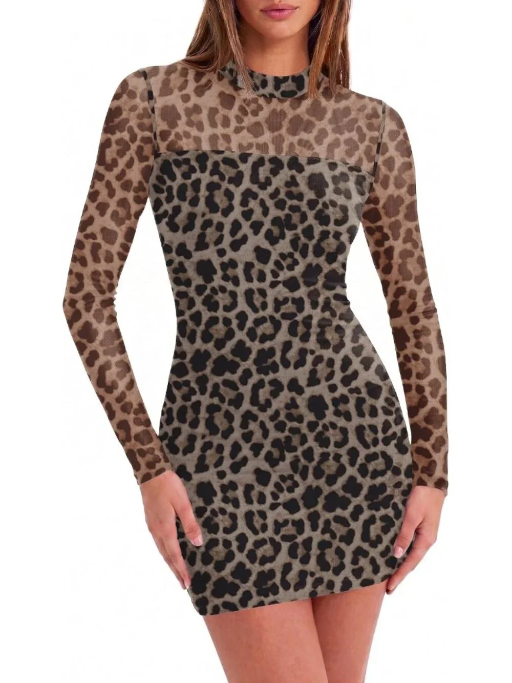 👗 Women's Leopard Mesh Sheer Long Sleeves Dress Ruched Bodycon Mock Neck Dress
